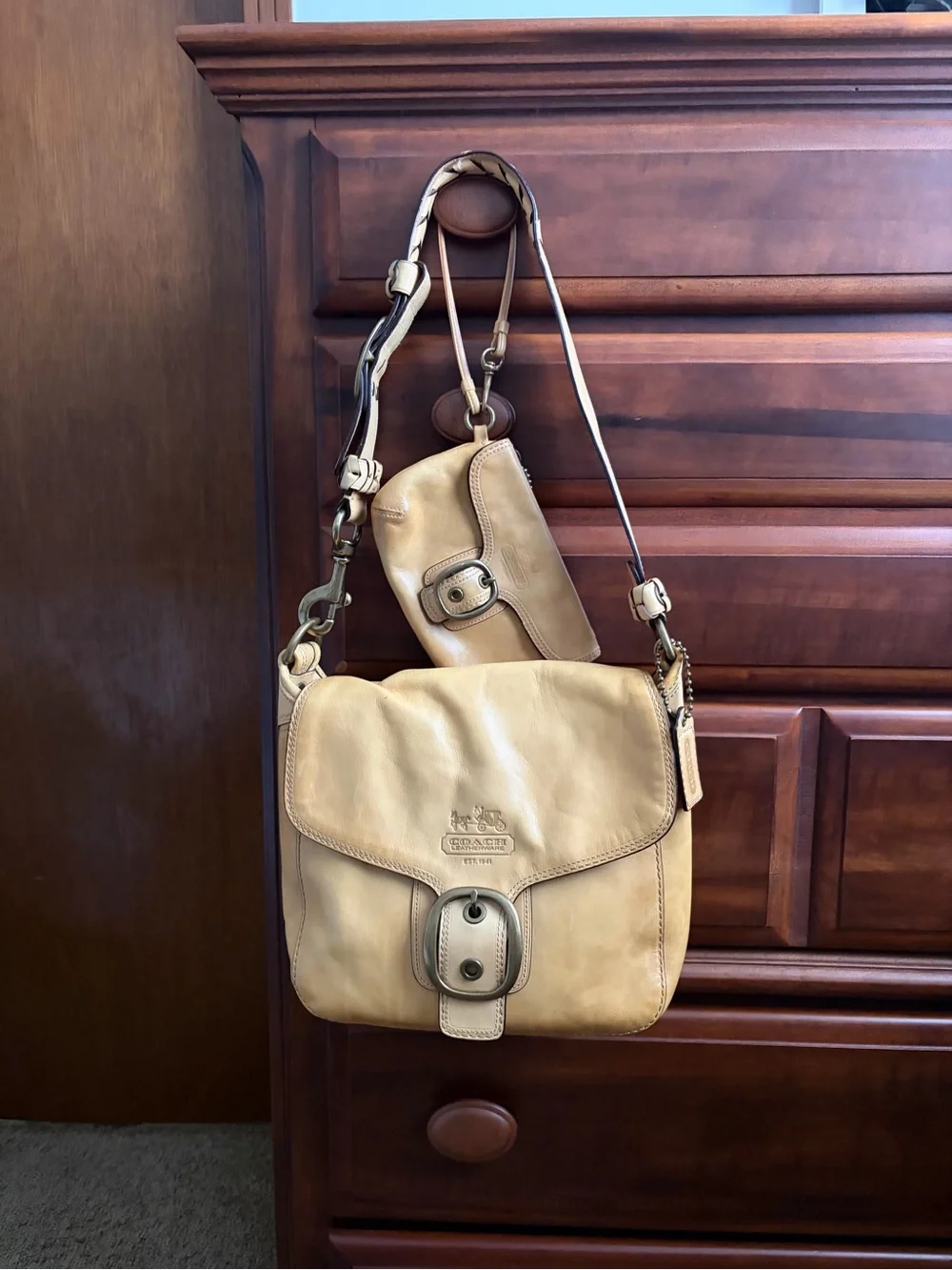 Coach Bleecker Natural Leather Shoulder Bag & Wristlet Tattersall Lining *READ*